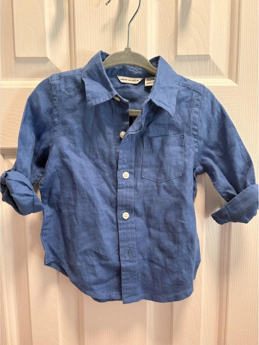 Janie and Jack Blue Linen Long Sleeve Oxford Button Down Baby 12-18 Mo
